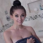 Fun sized brunette fucked on a bathroom counter