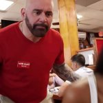 Busty blondie share BBC with her ebony friend and fuck customer in the restaurant