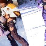 Busty babe fucks two guys outside in the snow on her skiing holiday