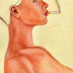 Naked Woman In Profile Smoking Drawing by Andrea Vandoni