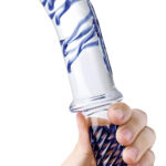 11 Inch Clear Glass Dildo with Handle and Raised Blue Detail